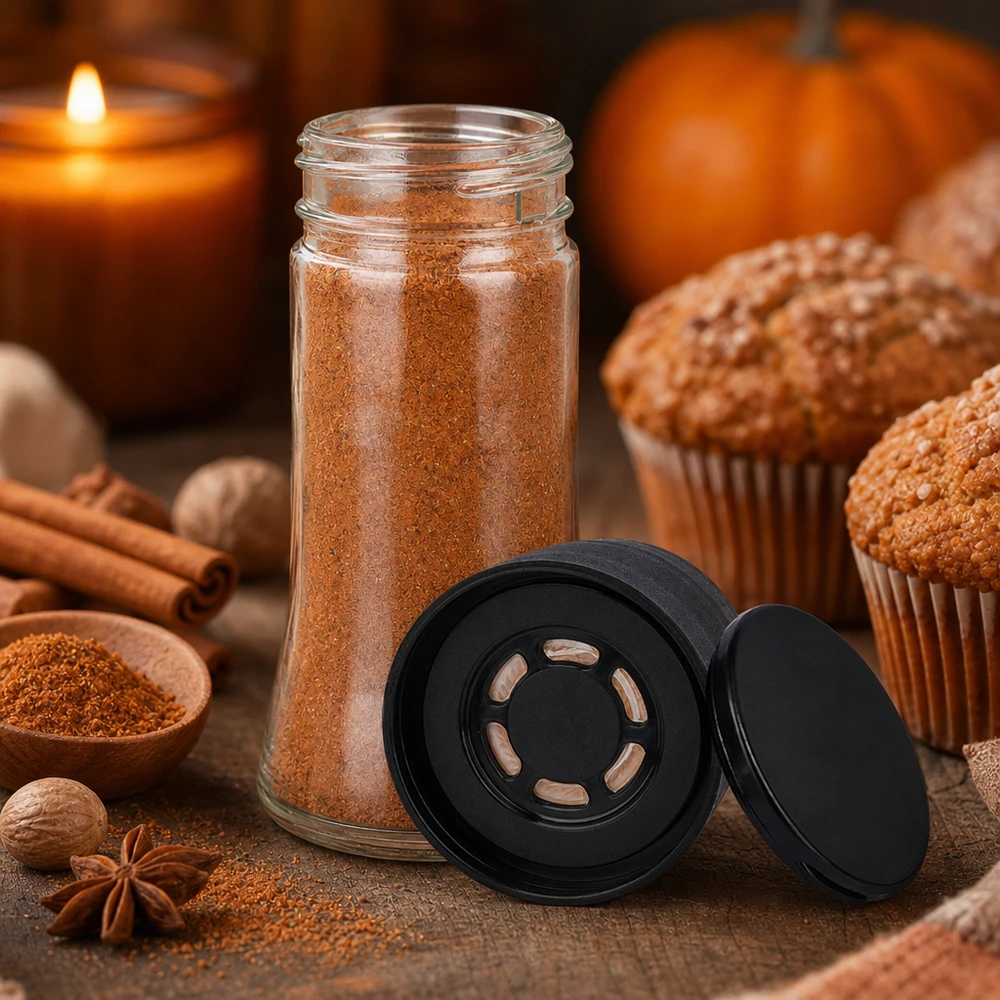 Herbstliche Tischdekoration mit geöffnetem Gewürzstreuer 95ml schwarz und Kürbismuffins