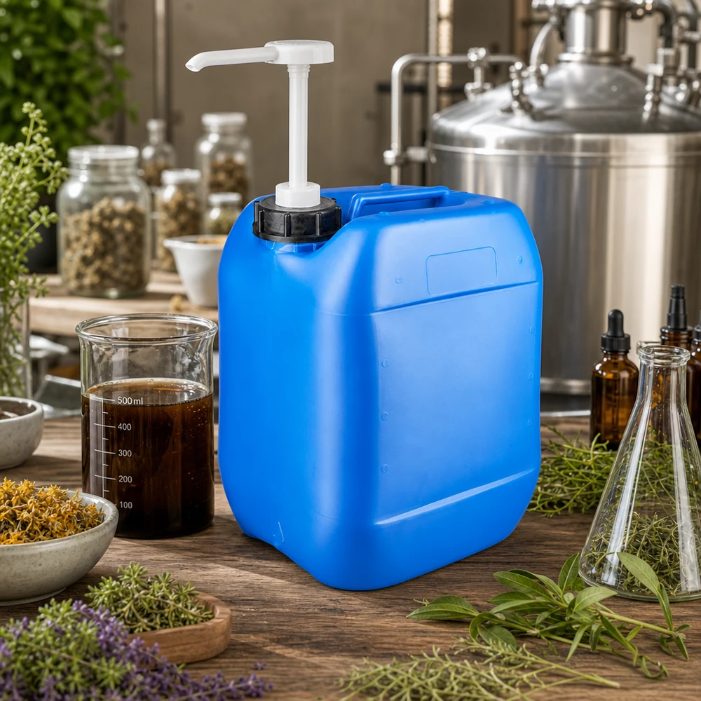 Kanister 10 Liter blau mit Dosierpumpe Tragbarer blauer Kunststoffkanister 10L mit Pumpaufsatz in naturheilkundlicher Werkstatt