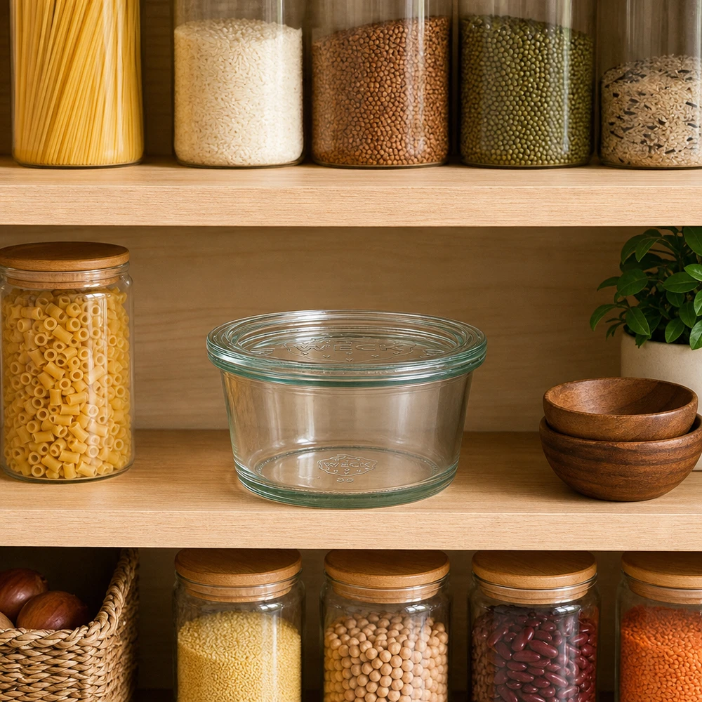 WECK RR120 Gourmetglas 450ml transparent in organisierter Speisekammer zwischen Holzschüsseln und Vorratsgläsern