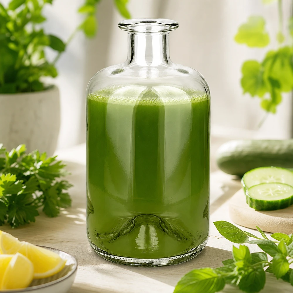 500ml Glasflasche "Luna" ohne Verschluss UNiTWIST Apothekerflasche Luna 500ml mit grünem Smoothie gefüllt umgeben von frischen Kräutern Gurken und Zitrone als Wellness-Sz