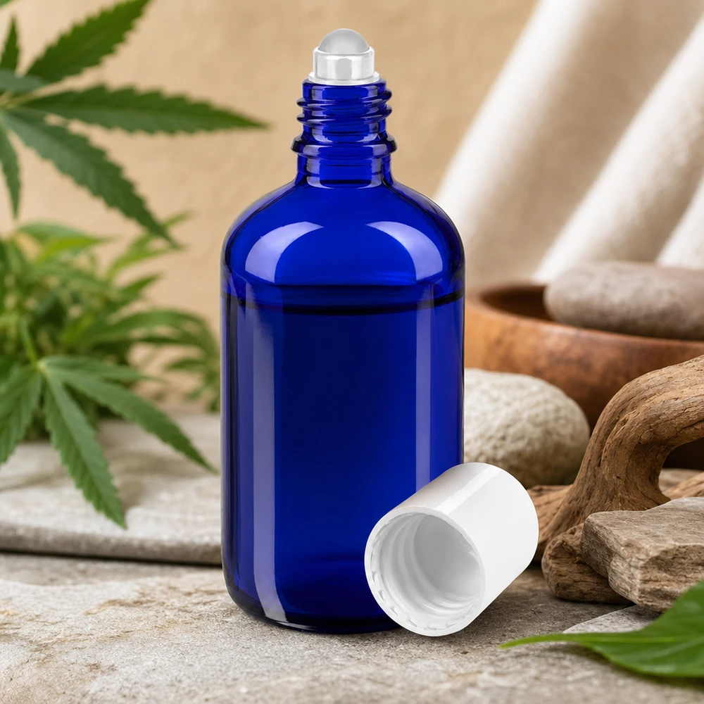 Apothekenflasche blau 100ml Roll-On Verschluss weiß 100ml Roll-On Flasche in Blau mit weißem Verschluss für ätherische Öle und CBD
