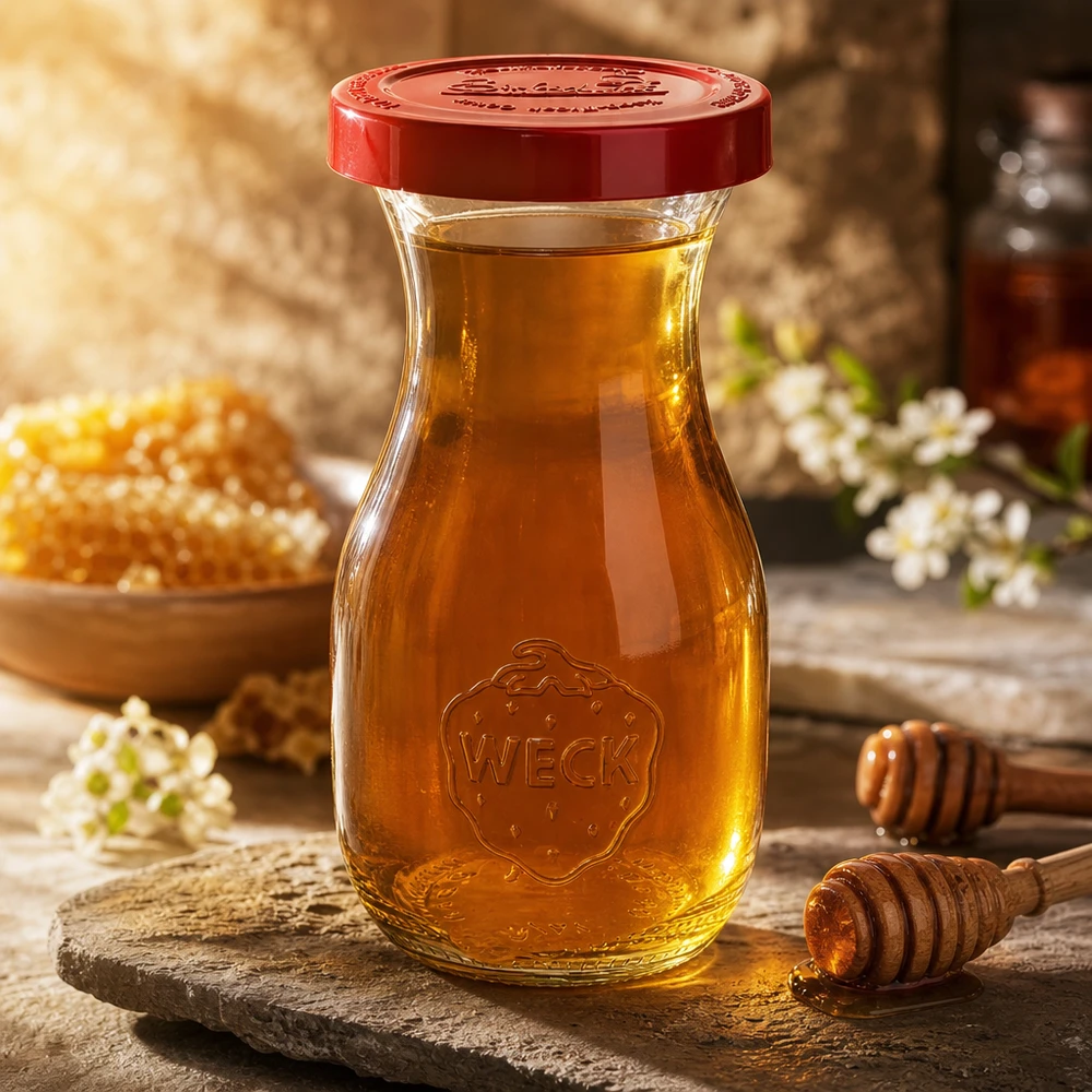 Vielseitige WECK Glasflasche 290ml für Honig Marmelade Säfte mit praktischem roten Deckel