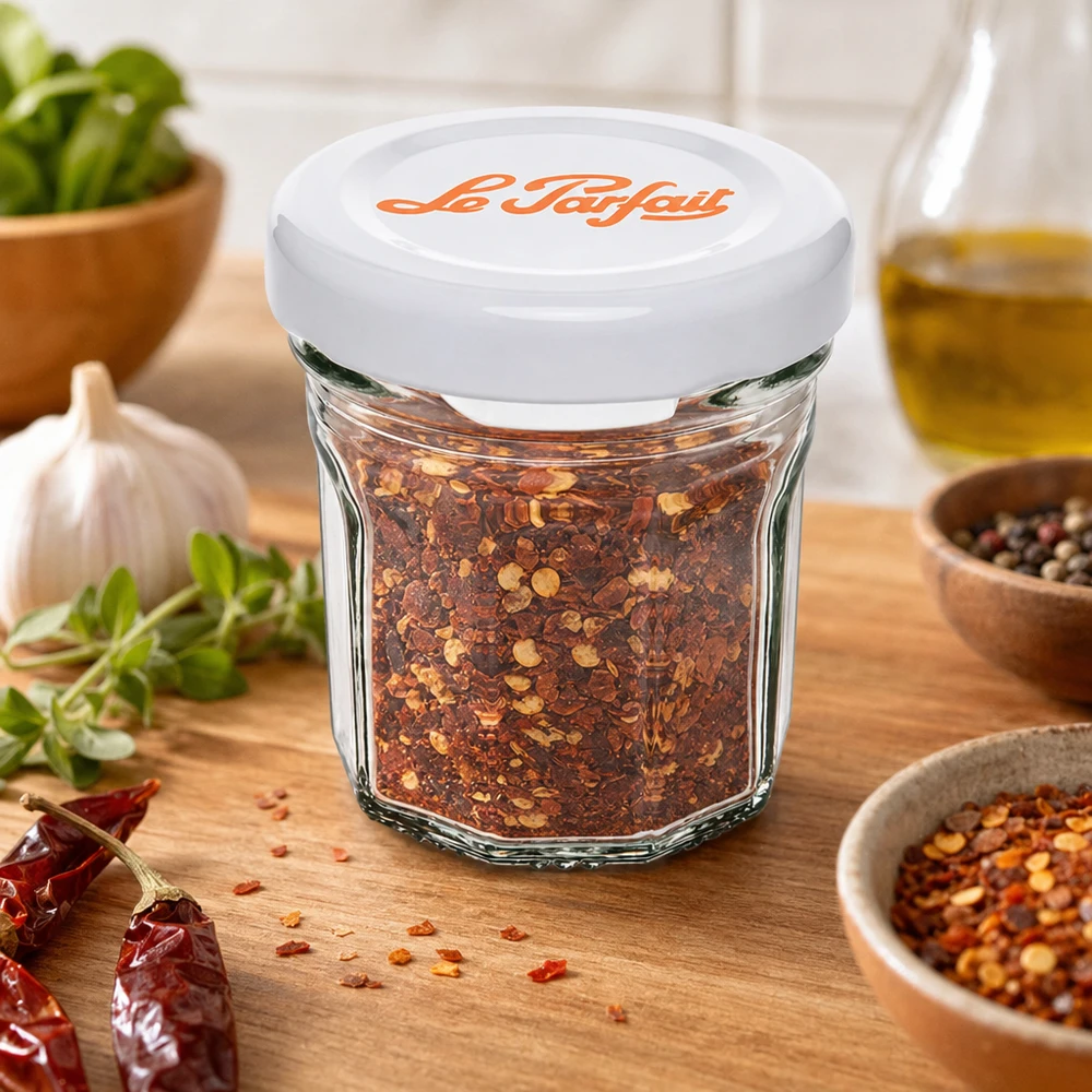 Le Parfait Mini-Sturzglas 44ml mit Chili-Gewürzmischung gefüllt zwischen Kräutern und Gewürzen auf Holzuntergrund