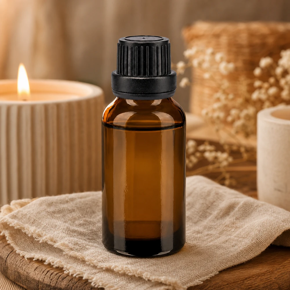 Kompakte 20ml Apothekerflasche aus Braunglas mit schwarzem OV-Verschluss für Kosmetik und Naturheilkunde