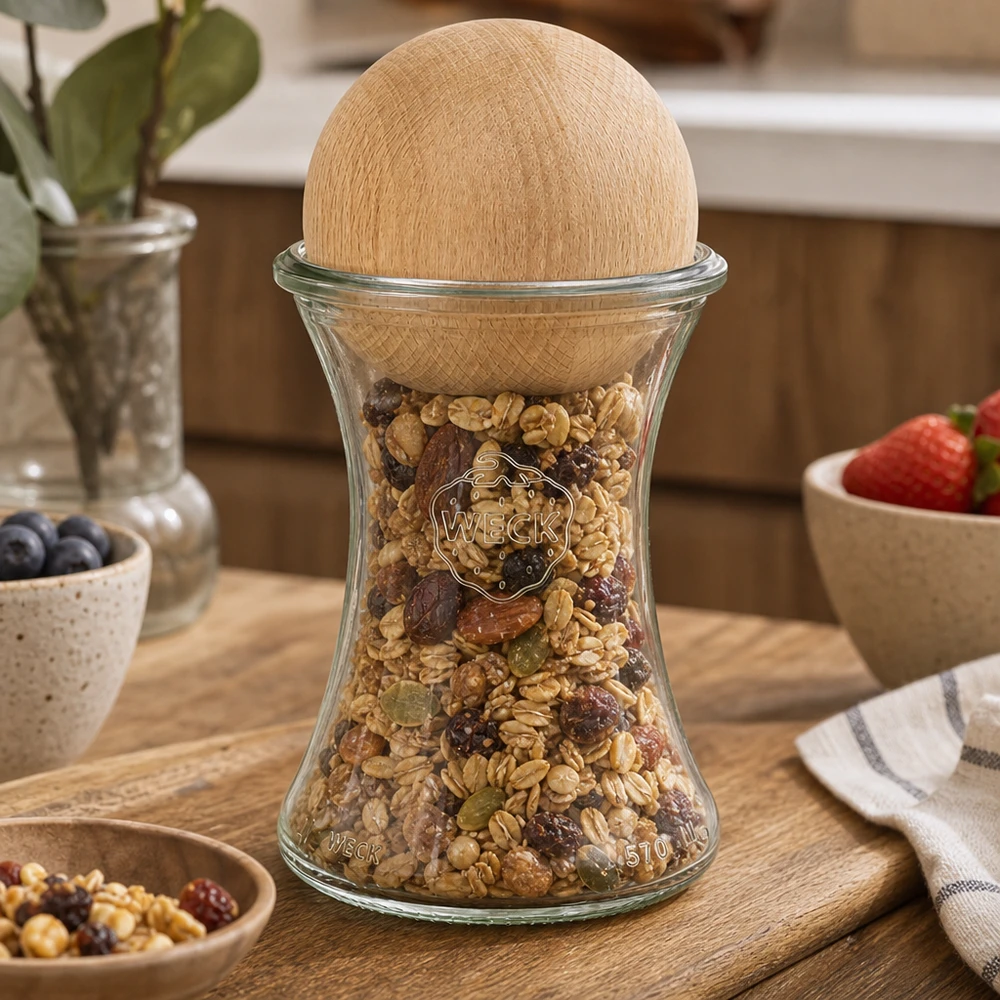 Vorratsglas WECK 370ml mit Buchenkugel gefüllt mit Müsli Nüssen auf Holzbrett Küchendeko praktische Aufbewahrung