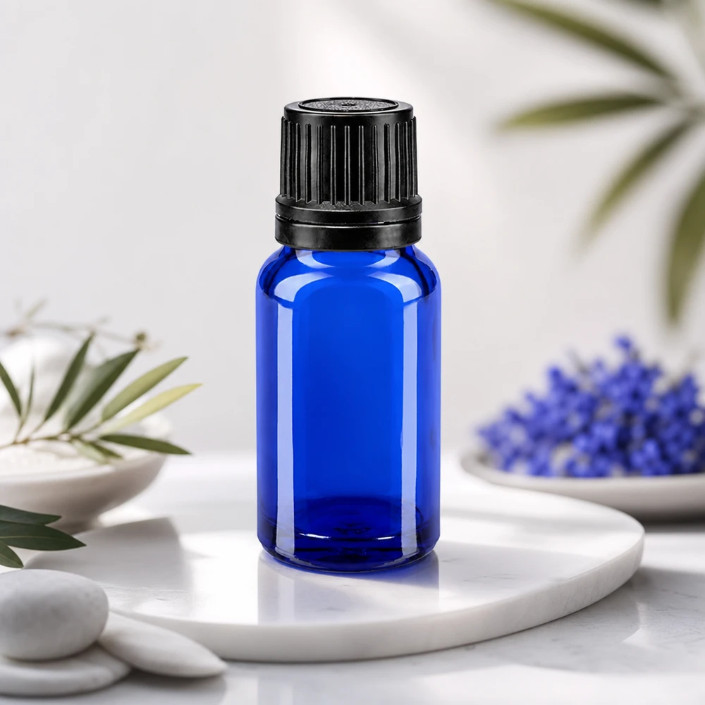 UV-Schutz Glasflasche 10ml in Kobaltblau mit schwarzem Originalitätsverschluss für Naturkosmetik
