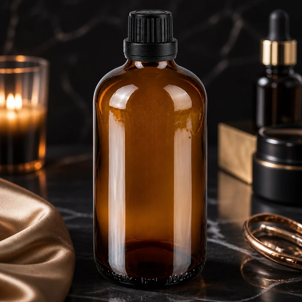 Apothekenflasche braun 100ml Tropfverschluss Premium 2mm schwarz Originalitätsverschluss 100ml Tropfflasche Braunglas mit 2mm Einsatz neben Kerze und goldenen Accessoires