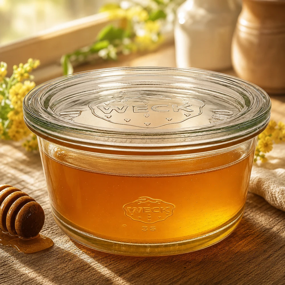 WECK RR120 Gourmetglas 450ml mit Honig gefüllt neben Honiglöffel und Wildblumen in warmer Küchenszenerie