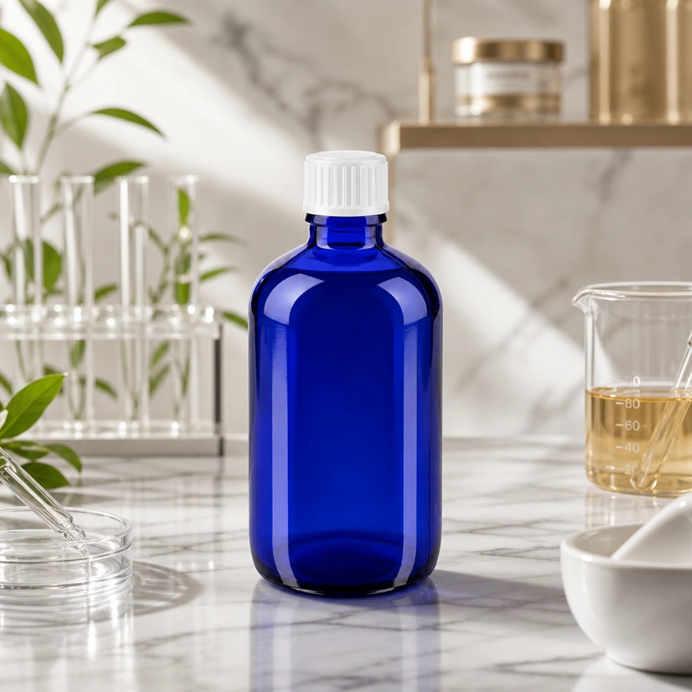 Apothekenflasche blau 100ml Schraubverschluss weiß Globuli Standard Blaue Apotheker-Glasflasche 100ml mit weißem Schraubdeckel zwischen Laborglasgeräten