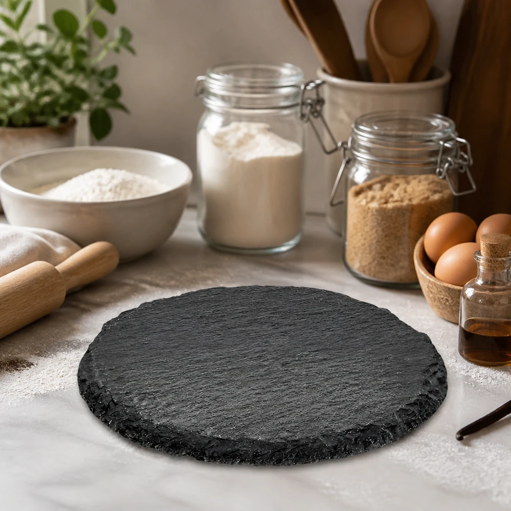 Schieferplatte rund 15cm zwischen Backzutaten und Küchenutensilien als dekorative Arbeitsfläche in gemütlicher Küche