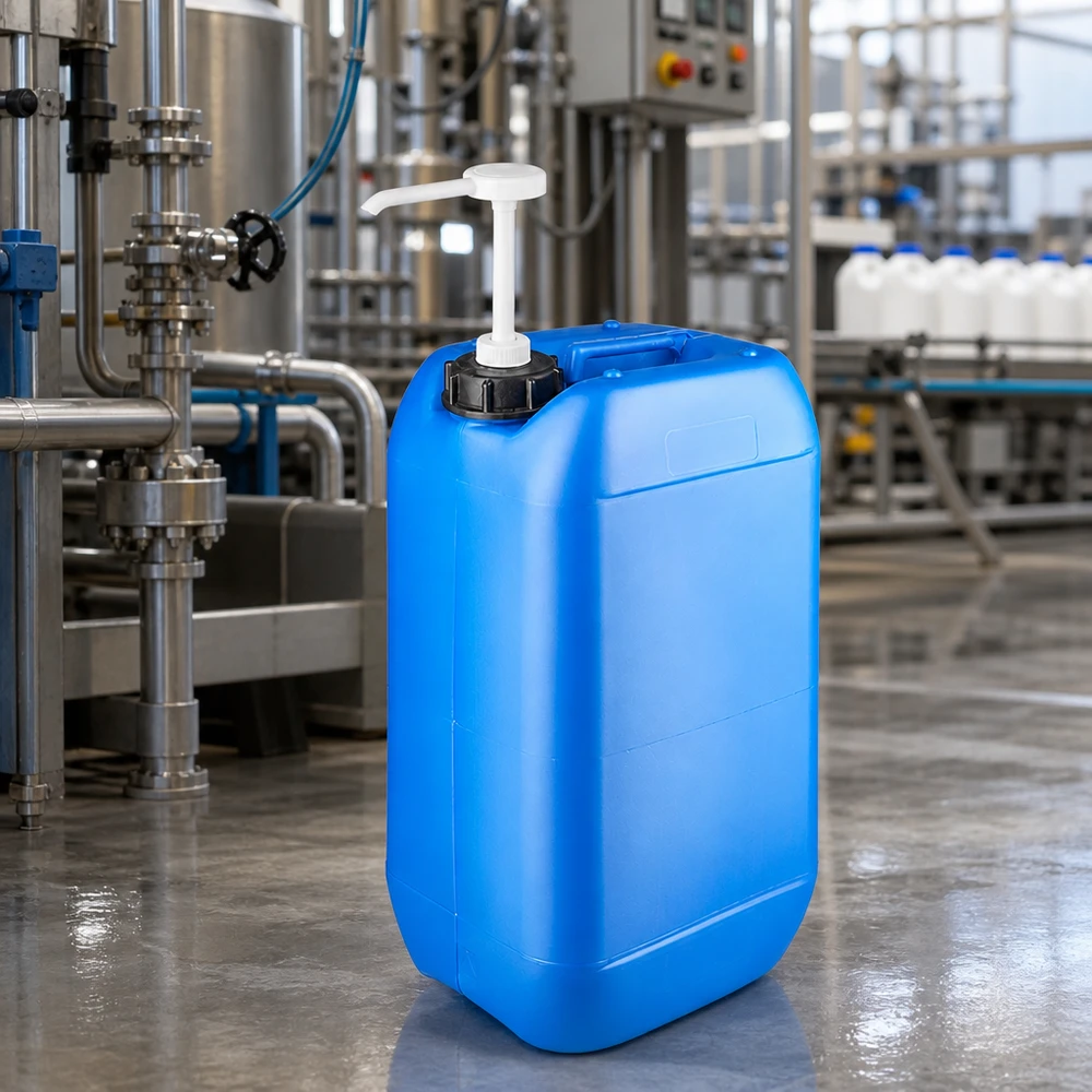 Kanister 15 Liter blau mit Dosierpumpe Tragbarer Flüssigkeitsbehälter 15 Liter blau mit weißer Pumpe auf Betonboden einer Fabrik