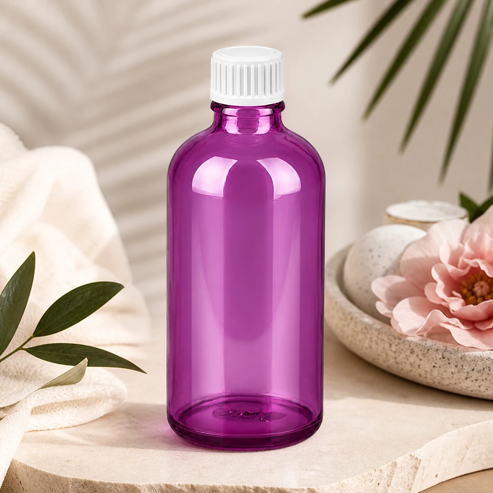 100ml (Globuli)Flasche 3mm Giessring weiß Standard PurpleLine. UT18/100 Premium 100ml Flasche in Purple Glass mit UT18 Standard für lichtempfindliche Substanzen