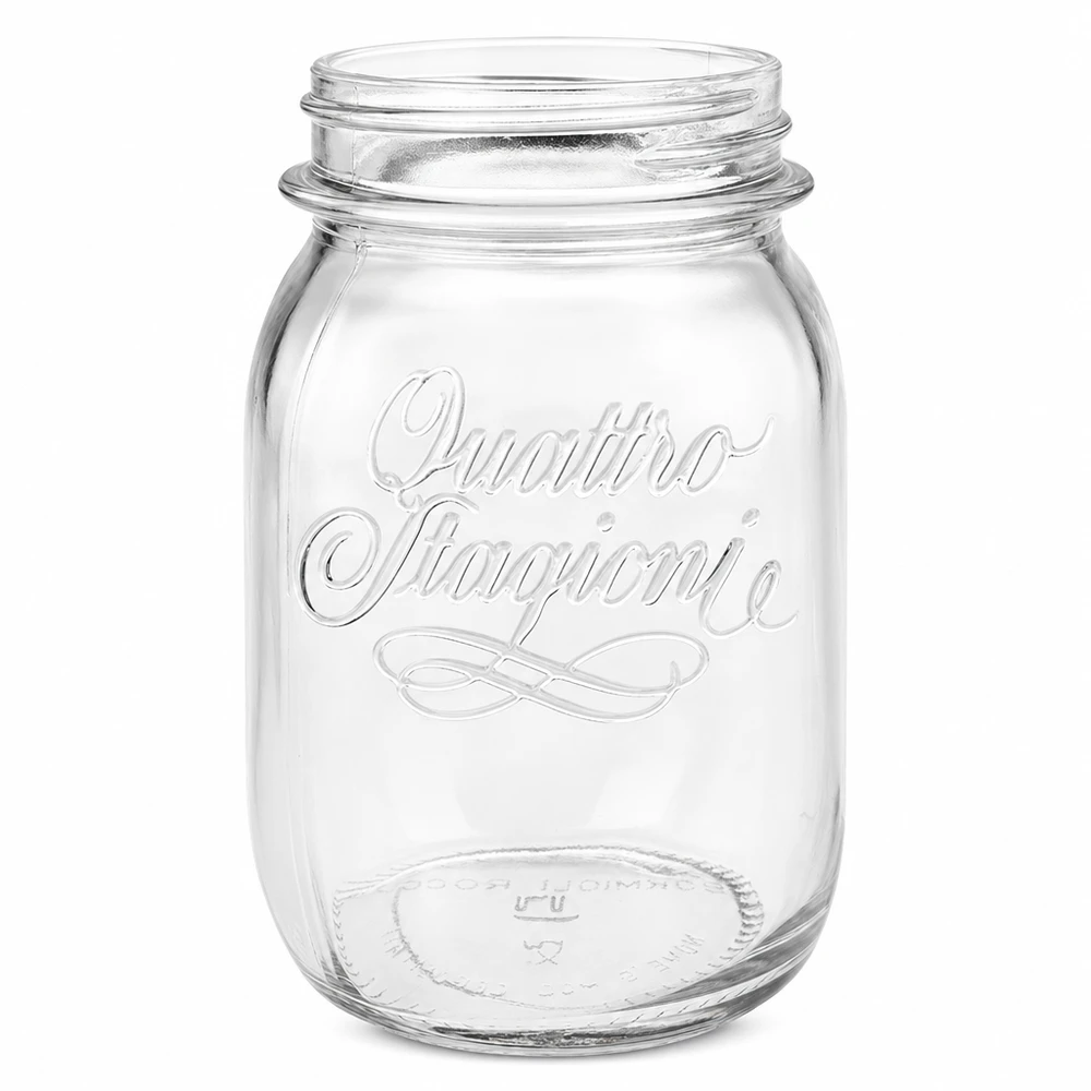 500ml Quattro Stagioni Einmachglas aus klarem Glas mit geprägtem Logo ohne Deckel auf weißem Hintergrund