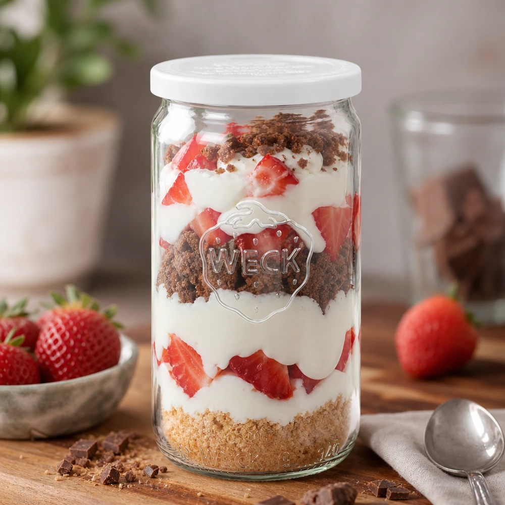 340ml Zylinderglas mit Frischedeckel WECK RR60 WECK Zylinderglas 340ml als Dessertglas mit Erdbeeren und Sahne Schichtdessert dekorativ angerichtet