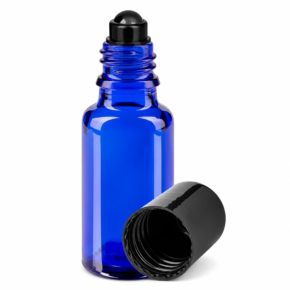 Apothekenflasche blau 20ml Roll-On Verschluss schwarz Kobaltblaue Glasflasche 20ml mit schwarzem Roll-On Applikator für ätherische Öle und Parfum