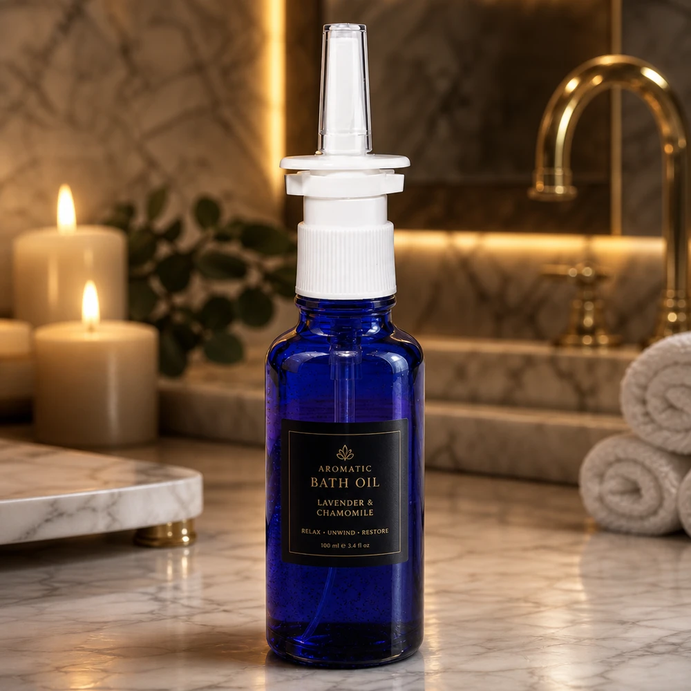 Apothekenflasche blau 30ml Nasenzerstäuber weiß Standard Pharmazeutische Glasflasche 30ml in Blau mit weißem Dosierspray für nasale Anwendung