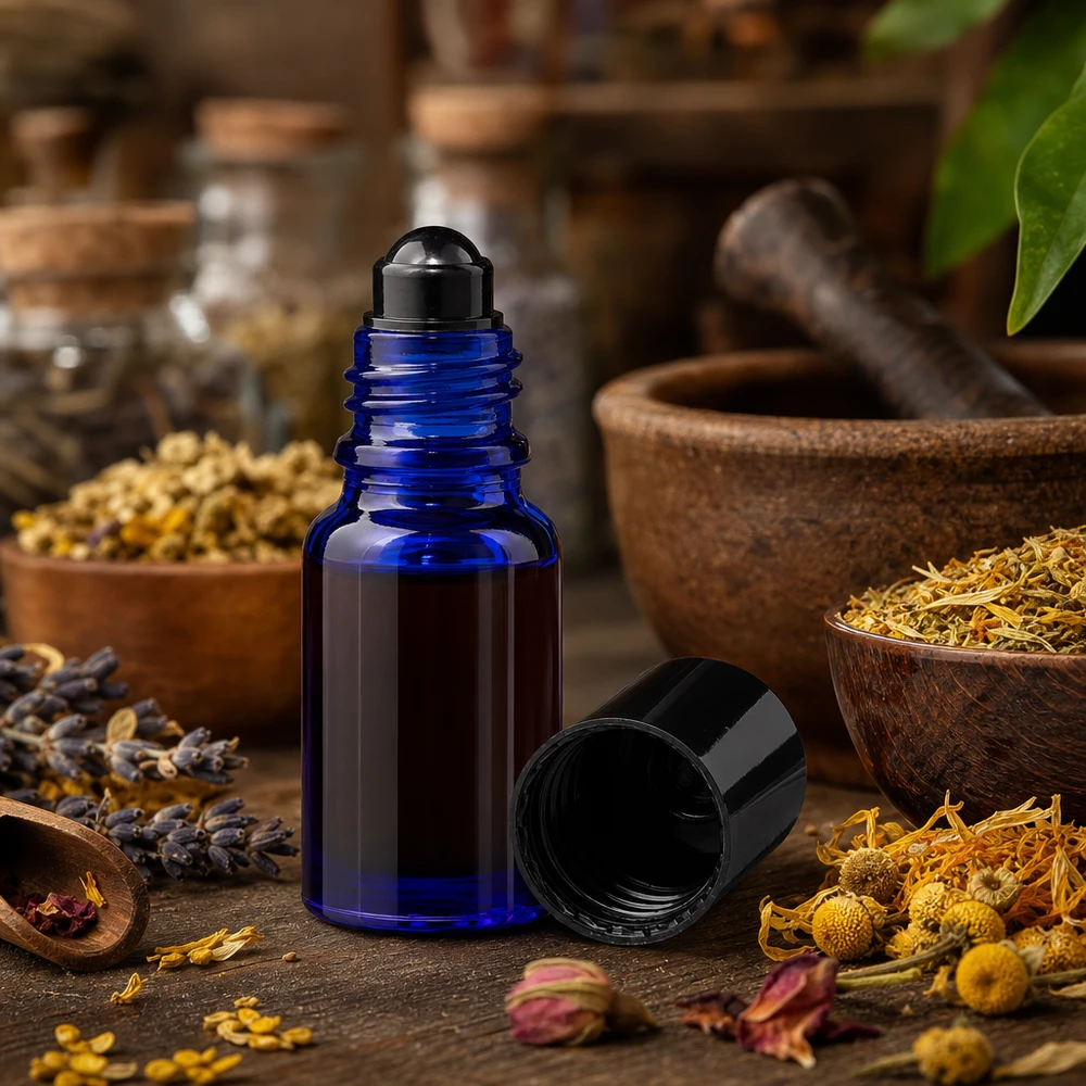Kobaltblaue Roll-On Flasche 10ml zwischen Kamille Lavendel und Heilkräutern auf Holztisch