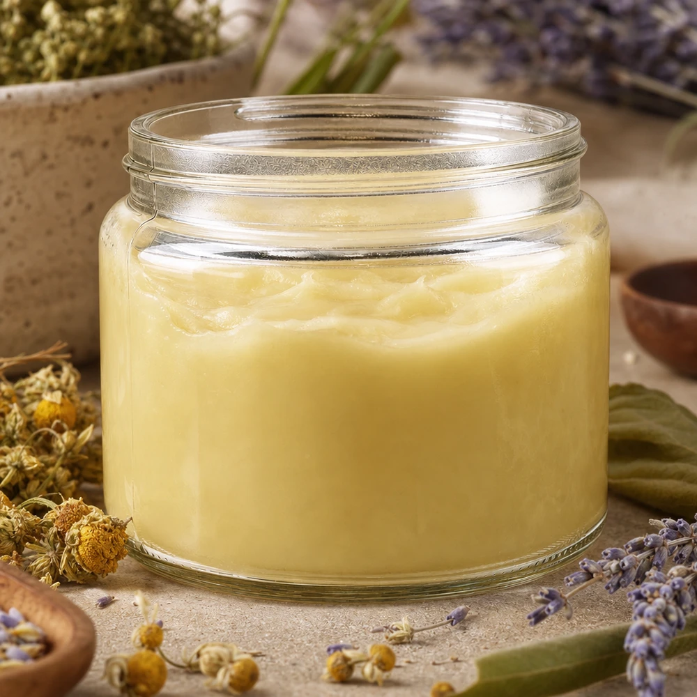 Salbenglas (Glastiegel) 250 ml klar, ohne Deckel Salbenglas 250ml mit cremiger gelber Salbe befüllt umgeben von Lavendel und Kamille natürliche Kräuterkosmetik