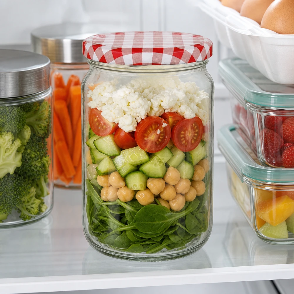 795ml Rundglas mit BasicSeal Deckel als Meal-Prep-Container mit Salat, Kichererbsen und Feta im Kühlschrank