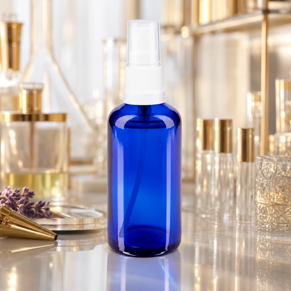 Apothekenflasche blau 50ml Sprayaufsatz weiß 50ml blaue STD Glassprayflasche mit transparentem Sprühkopf zwischen Goldflakons