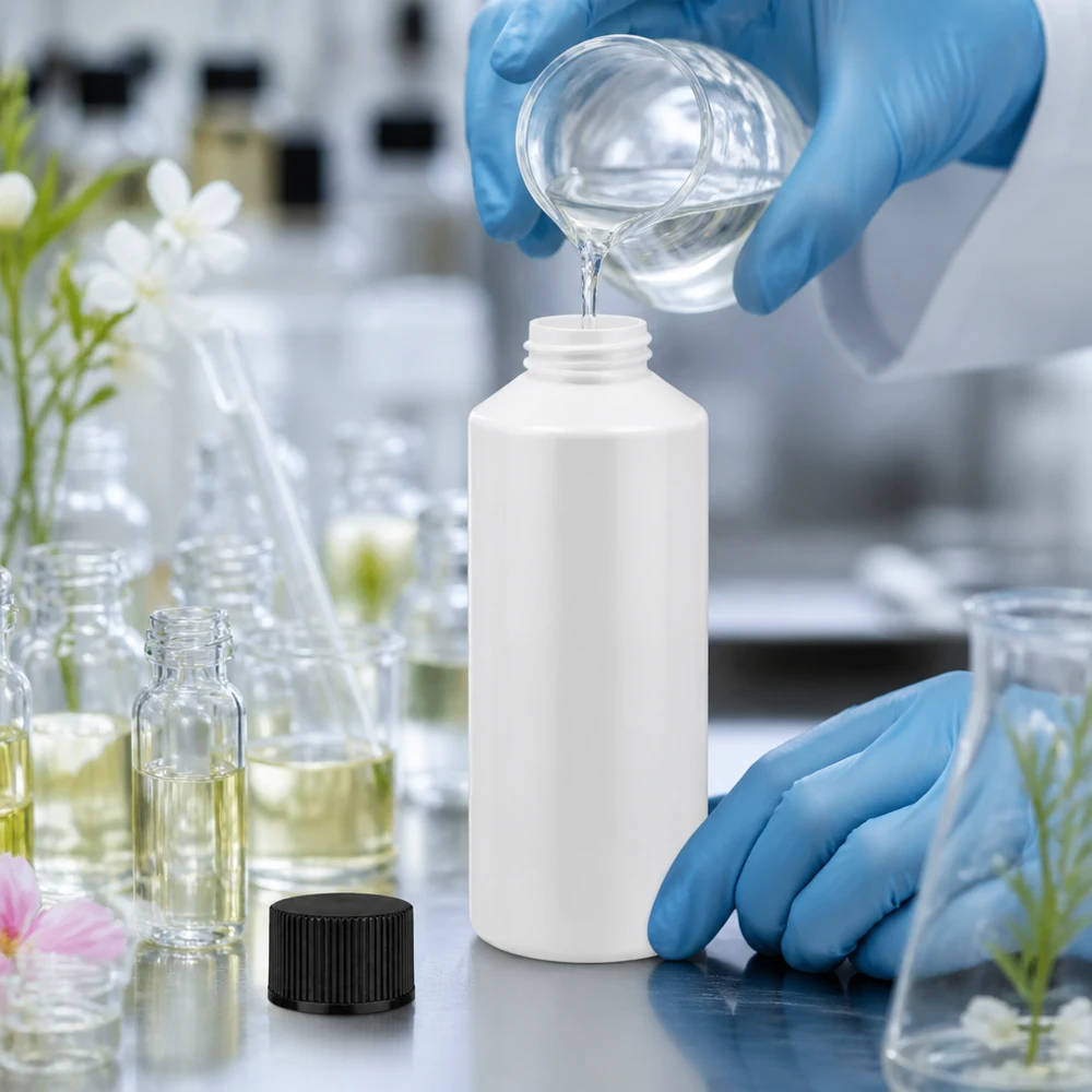 Apothekenflasche HDPE 100ml weiß, mit schwarz Schraubverschluss Laborant gießt klares Fluid in weiße 100ml HDPE Flasche umgeben von Glasfläschchen und Pflanzenextrakten