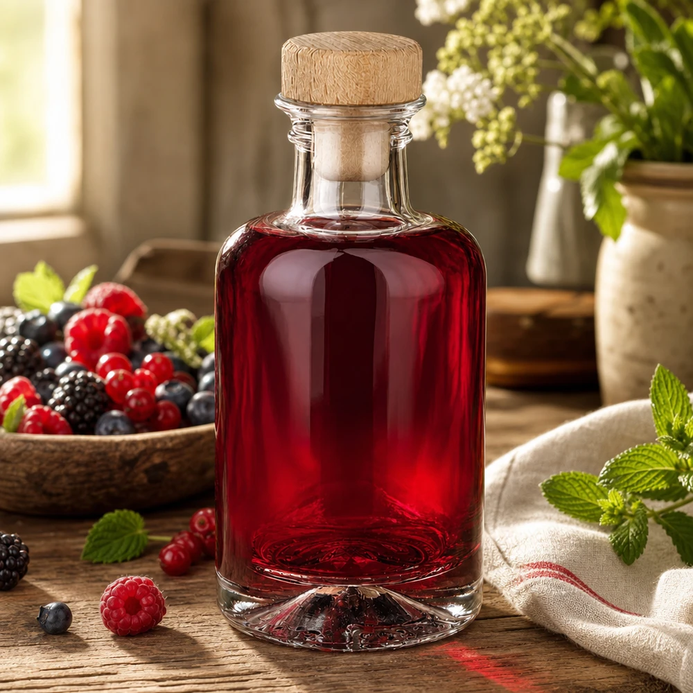 100ml Glasflasche "Sofia" mit Holzgriff-Korken UNiTWIST 100ml Glasflasche Sofia mit Holzkorken gefüllt mit Beerenlikör zwischen Himbeeren und Brombeeren gemütliche Küche
