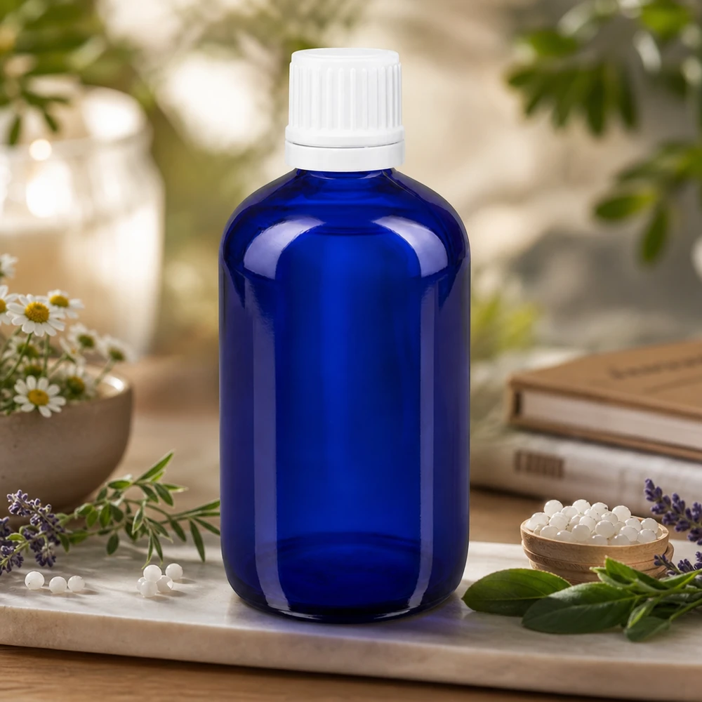 Apothekenflasche blau 100ml Tropfverschluss 1.2mm weiß Originalitätsverschluss Blaue 100ml Homöopathieflasche aus ApoGlas mit 0,7mm Tropfeinsatz und weißem OV neben Globuli