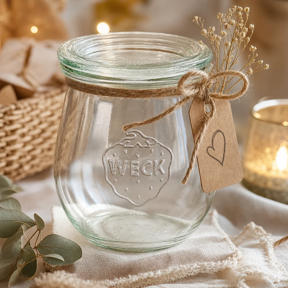 220ml Tulpenglas mit Glasdeckel WECK RR60 WECK Tulpenglas 220ml RR60 dekorativ mit Juteschnur Kraftpapier-Anhänger und getrockneten Blumen als Geschenkidee