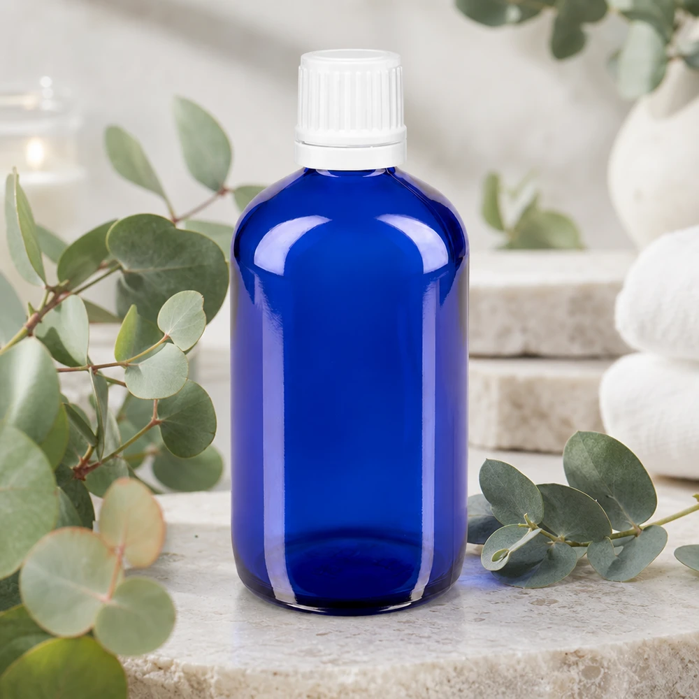 Apothekenflasche blau 100ml Schraubverschluss weiß Originalitätsverschluss 100ml blaue Glasflasche mit kindersicherem Weißverschluss für ätherische Öle und Naturkosmetik