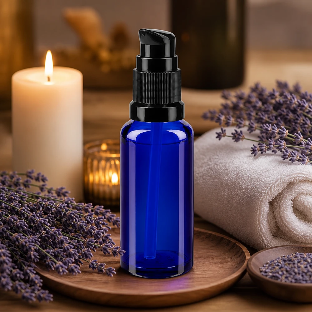 Apothekenflasche blau 30ml PumpVerschluss schwarz Standard Blaue Glas-Dosierflasche 30ml mit schwarzer Dispenserpumpe für Seren und Öle