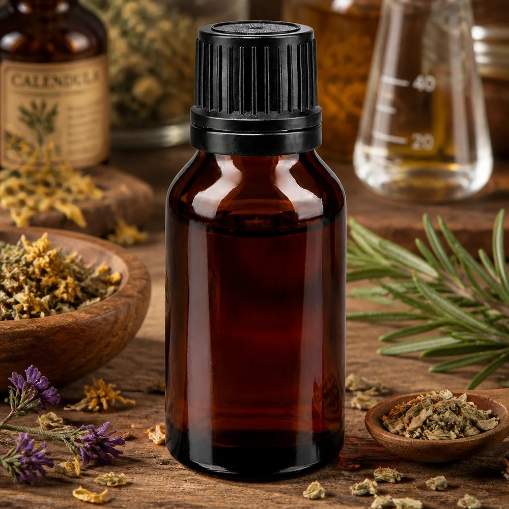 Apothekenflasche braun 15ml Schraubverschluss schwarz Giessring Originalitätsverschluss Lichtschutzflasche 15ml mit Gießring für ätherische Öle neben Lavendel und getrockneten Kräutern