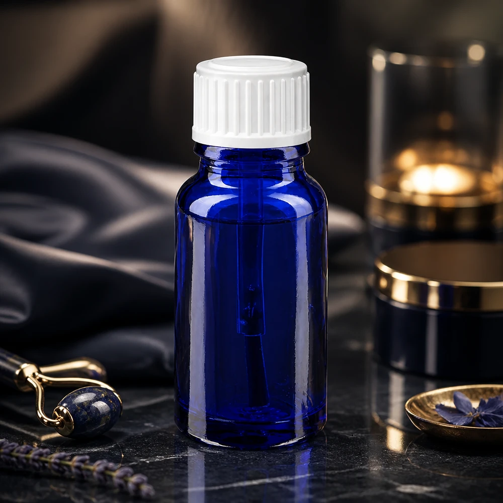 Apothekenflasche blau 10ml Schraubverschluss weiß Pinsel Kompakte Apotheker-Pinselflasche 10ml in Blau auf schwarzem Marmor mit Goldakzenten