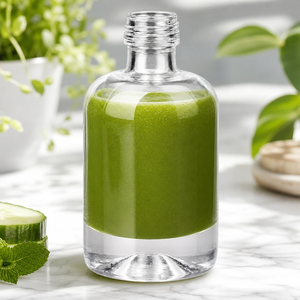 40ml Glasflasche "Sara" ohne Schraubverschluss UNiTWIST 40ml Glasflasche Sara mit grünem Smoothie befüllt neben Gurke und Minze zeigt natürliche Kosmetikanwendung