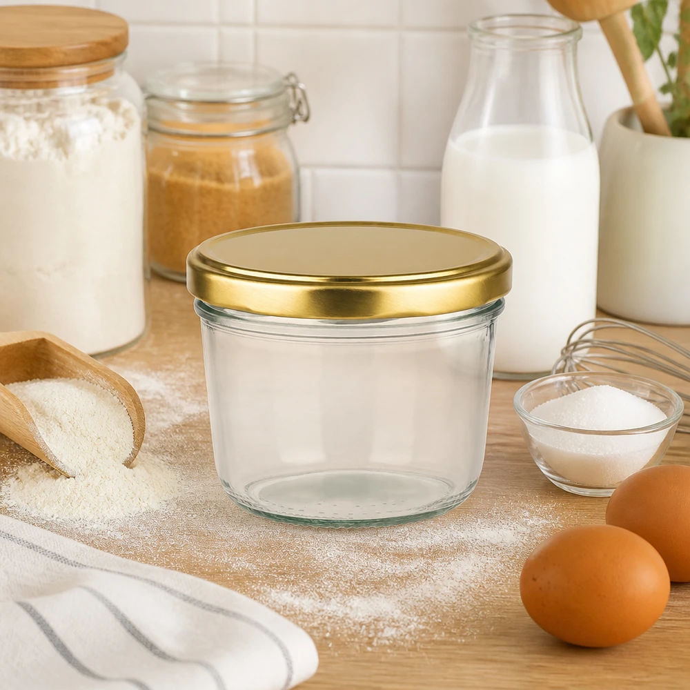 230ml Sturzglas mit goldenem Deckel in Küche zwischen Backzutaten wie Mehl, Milch und Eiern auf Holzbrett