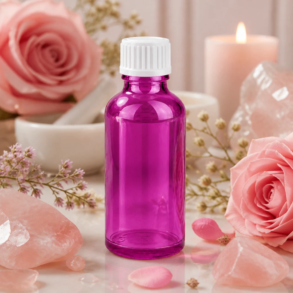 50ml (Globuli)Flasche 3mm Giessring weiß Standard PurpleLine. UT18/50 Runde Glasflasche 50ml violett mit Tropfverschluss ideal für DIY Kosmetik und Parfum