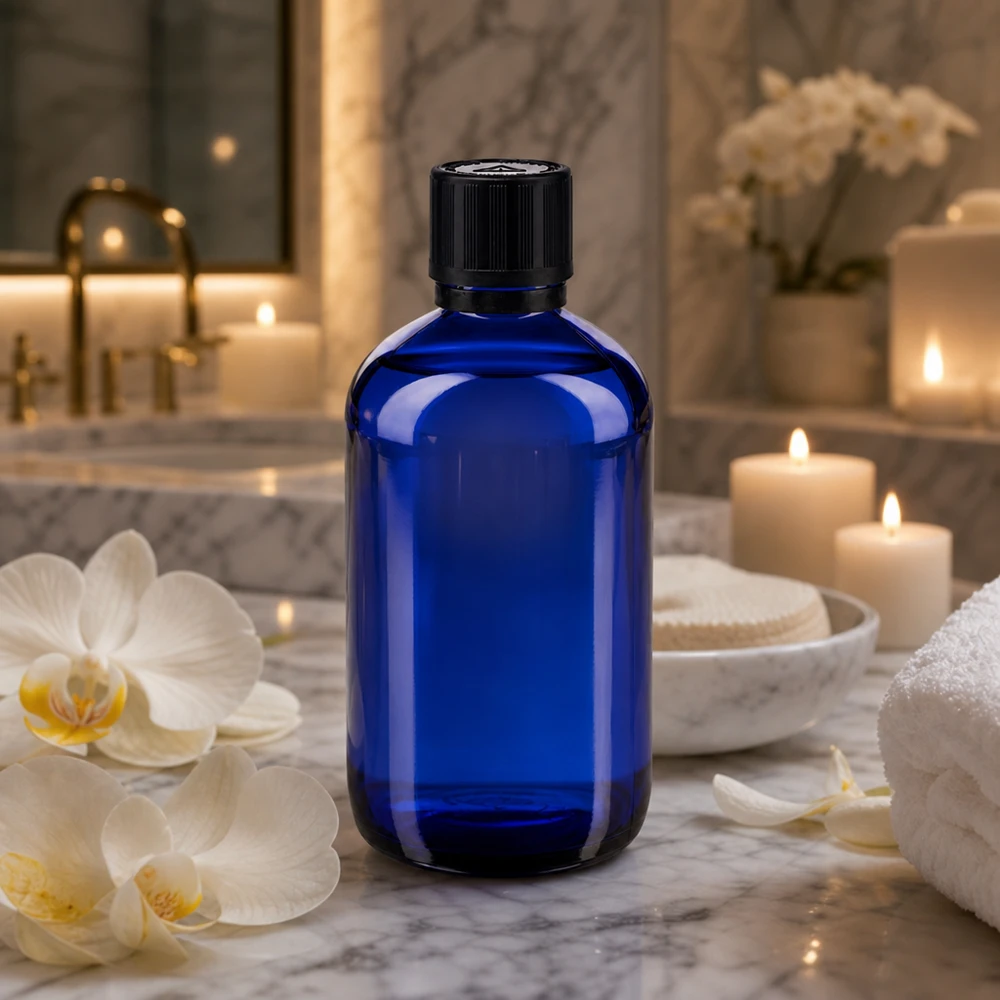 Kobaltblaues Apothekerglas 100ml mit schwarzem Tropfverschluss in elegantem Spa-Ambiente