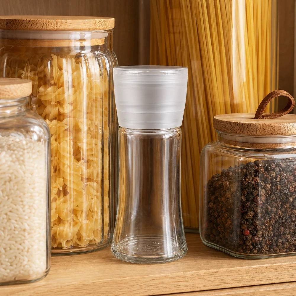 Salz-/Gewürzglas 95ml mit Mühle Vario weiss Kleine Glasmühle 95ml mit weissem Kunststoffaufsatz auf Holzregal neben Vorratsgläsern