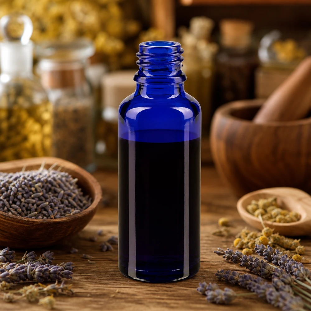 Tropfflasche 30ml DIN 18 BLAUGLAS Kleine 30ml Apothekenflasche ApoGlas in tiefem Kobaltblau neben getrockneten Heilkräutern
