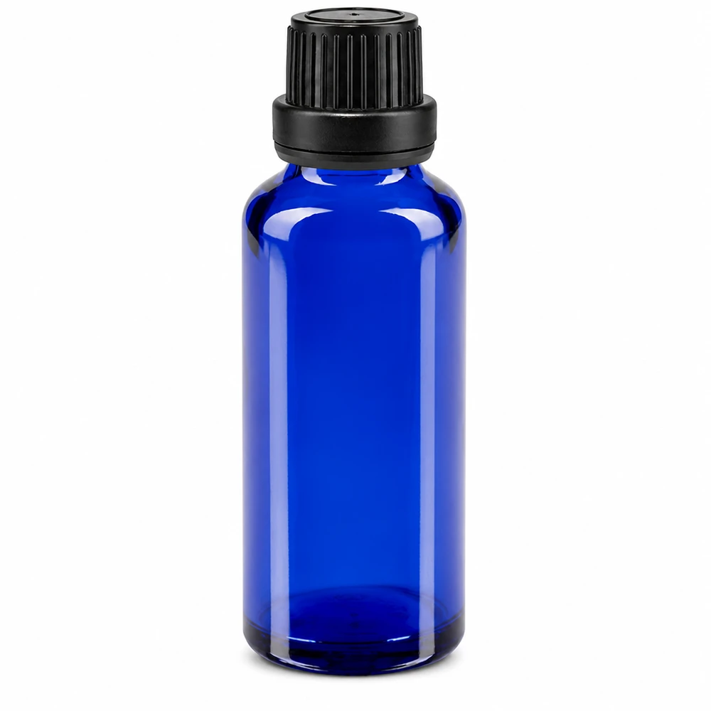 Apothekenflasche blau 30ml Tropfverschluss Giessring 2mm schwarz Originalitätsverschluss Blaue Tropfflasche 30ml OV schwarz ApoGlas UV-Schutz Glasflasche für Ätherische Öle