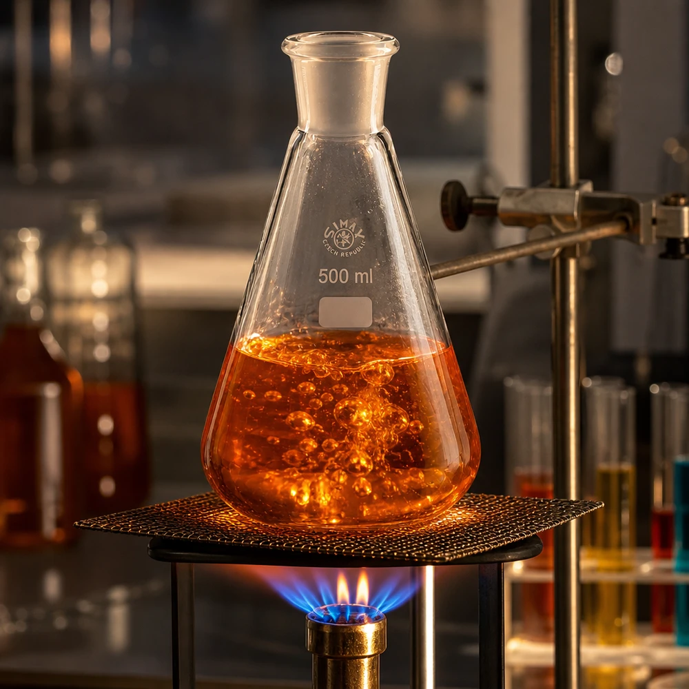 Siedende orange Lösung in 500ml Laborkolben mit Normschliff für chemische Synthese