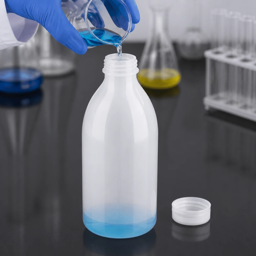 Laborant befüllt 250ml Enghals Flasche aus Kunststoff mit blauer Chemikalie mit Schutzhandschuhen
