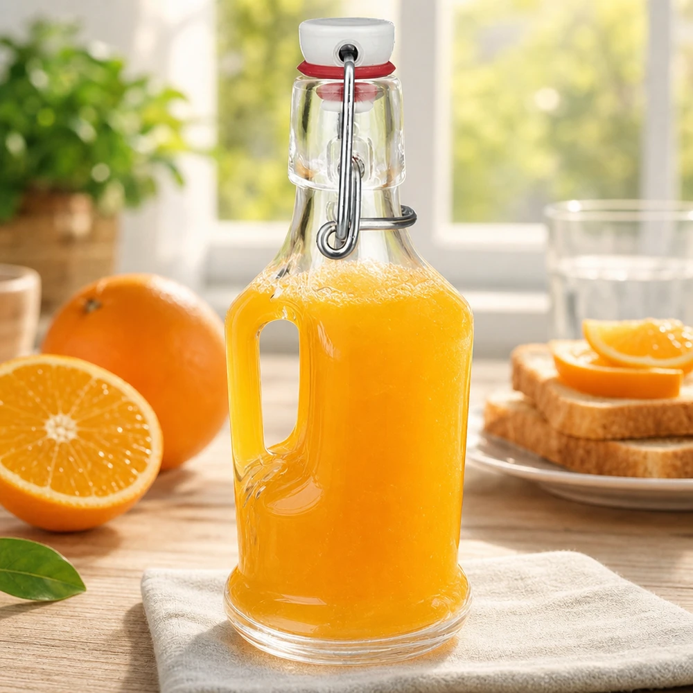 UNiTW Glasflasche Bertha 200ml mit Orangensaft gefüllt neben frischen Orangen und Toast Bügelverschluss Frühstücksszene