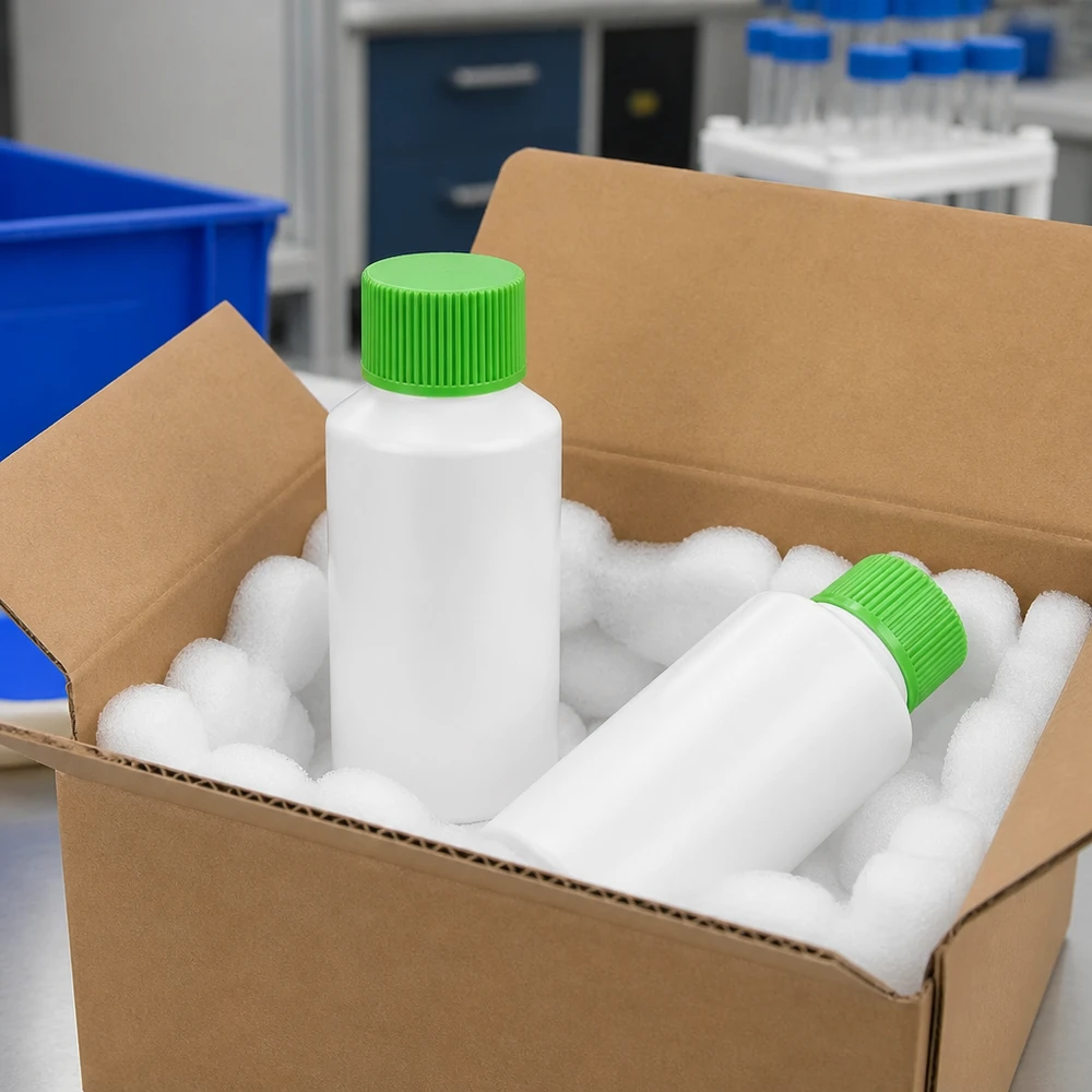 HDPE Apothekenflaschen 50ml weiss mit grünem SV bruchsicher verpackt für sicheren Transport