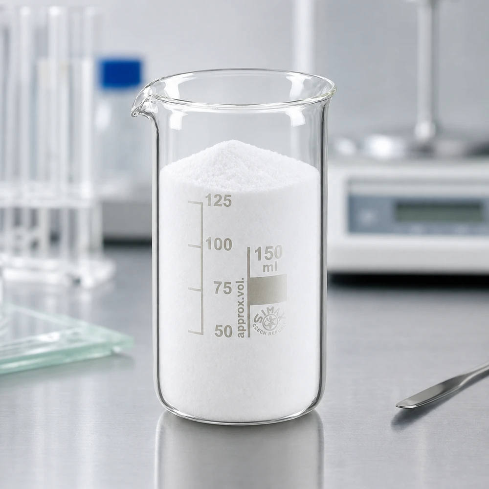 Becherglas 150ml Borosilikatglas, hohe Form Becherglas hohe Form 150ml mit weißer Substanz neben Analysenwaage im Labor