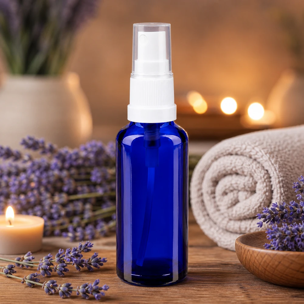Kompakte blaue ApoGlas Flasche 30ml mit Pumpsprühkopf im Aromatherapie Wellness Spa Setting
