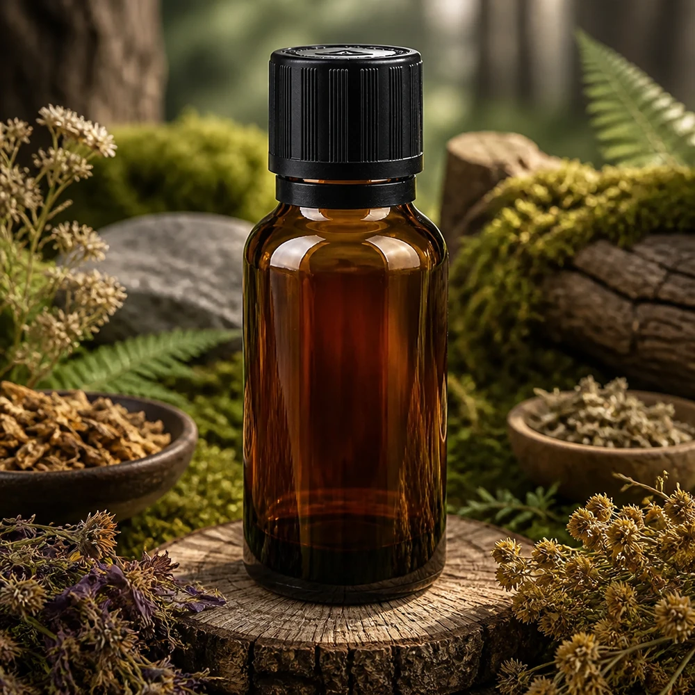 Kleine Braunglasflasche 20ml mit Originalverschluss und Tropfeinsatz zwischen Waldkräutern