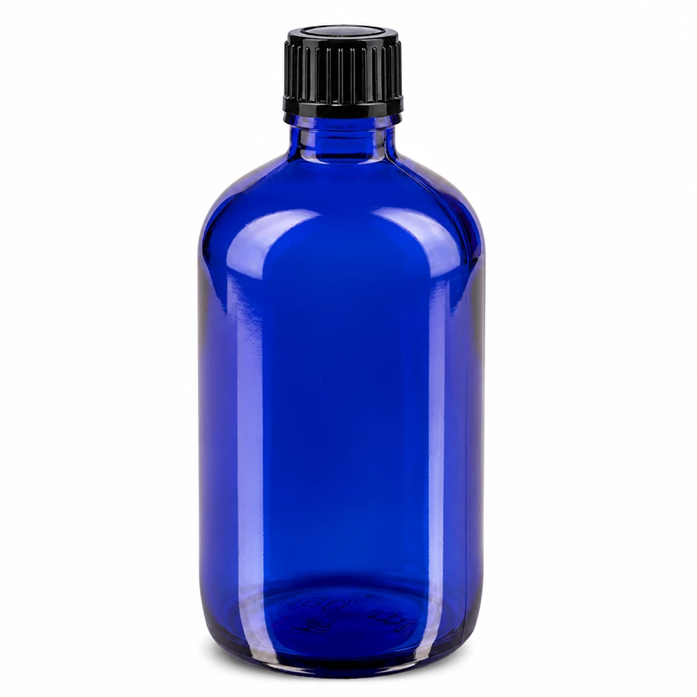 Apothekenflasche blau 100ml Tropfverschluss 1mm schwarz Standard Blaue Tropfflasche 100ml ApoGlas UV-Schutz Braunglas-Alternative mit STD Schwarzdeckel