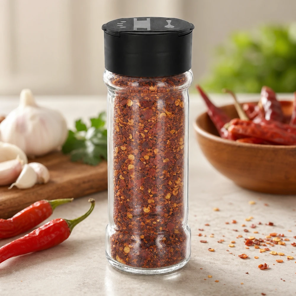 Salz-/Gewürzglas 100ml mit Doppelstreuer schwarz Transparentes Glasgewürzgefäß 100ml mit Doppelstreuer neben frischen roten Chilischoten
