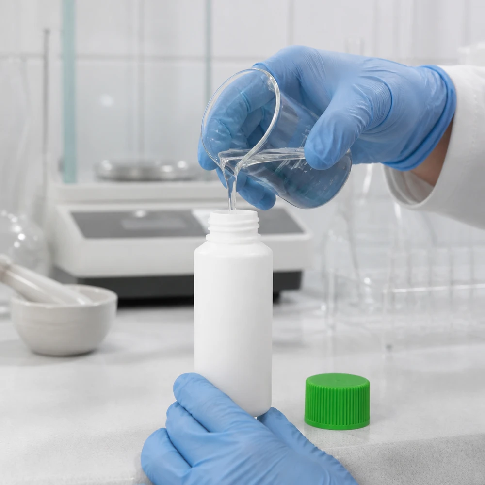 Apothekenflasche HDPE 30ml weiß, mit grünem Schraubverschluss Präzises Umfüllen von Laborflüssigkeit in weiße HDPE Rundflasche 30ml grüner Verschluss