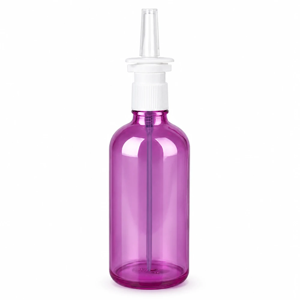 100ml Nasensprayflasche weiß/transparent Standard PurpleLine UT18/100 Transparente Kunststoff-Sprayflasche 100ml in Purple für medizinische Nasensprays